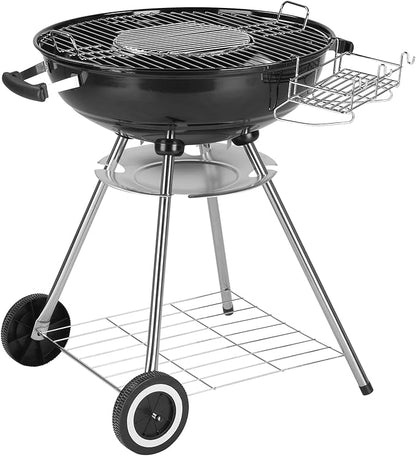 28-Inch Portable Charcoal Grill with Wheels and Storage Holder, Porcelain-Enameled Lid and Ash Catcher & Thermometer, Round Barbecue Kettle Grill Bowl Wheels for Outdoor Party Camping Picnic