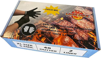 LavaLock Heavy Duty Thick 5.5 Mil Black Disposable Nitrile BBQ Gloves with 2 cotton liners for outdoor cooking and BBQ