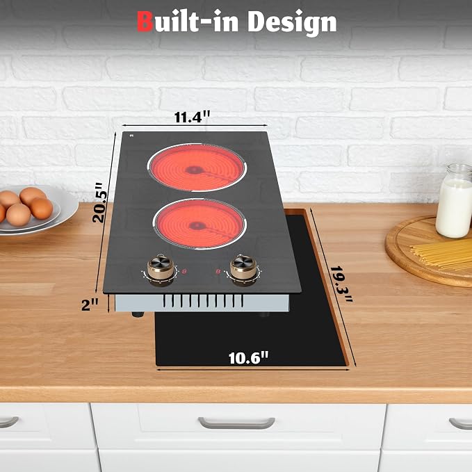 2 Burner Electric Cooktop, Built-in & Countertop Electric Stovetop 12 Inch | Ceramic Cook Top with Knob Control, 9 Power Levels Setting, Over-Temperature Protection, 110V - 120V Plug in, Traenvir