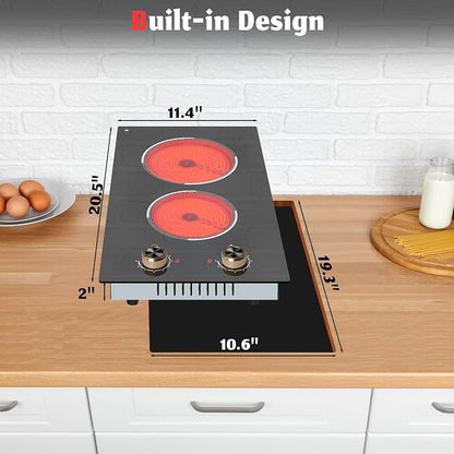 2 Burner Electric Cooktop, Built-in & Countertop Electric Stovetop 12 Inch | Ceramic Cook Top with Knob Control, 9 Power Levels Setting, Over-Temperature Protection, 110V - 120V Plug in, Traenvir