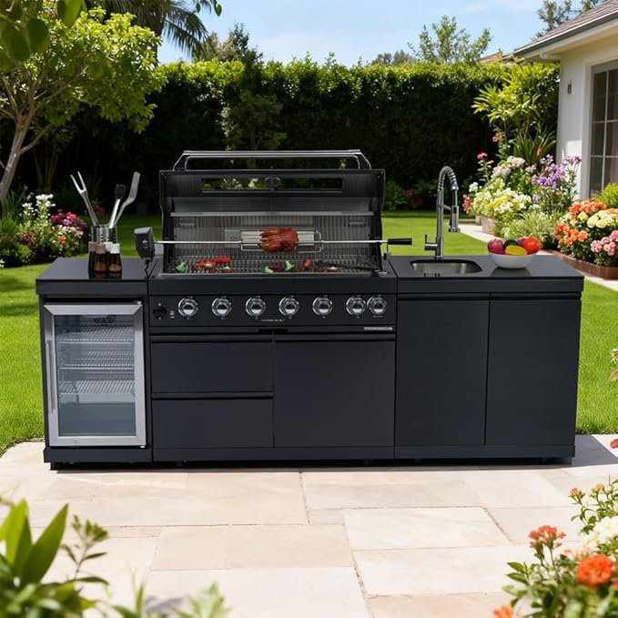 96" Natural Gas Outdoor Kitchen Island - 43-Inch 6-Burner 85,000 BTU Deluxe Stainless Steel Grill Wine Cooler Compact Refrigerator Rotisserie kit Granite Countertops Stainless steel Sink,Black