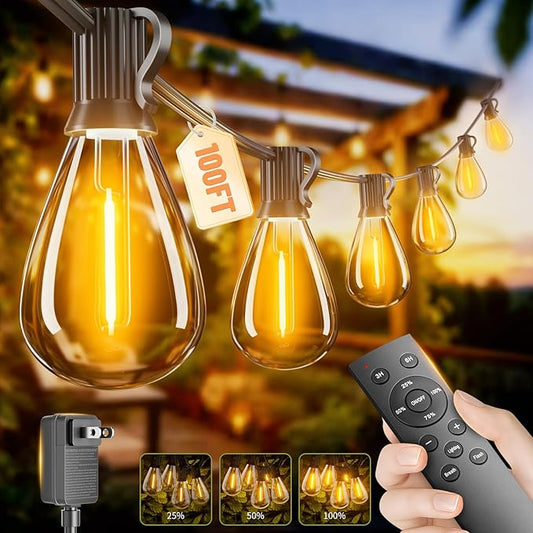 100FT LED Outdoor String Lights with Remote, One Continuous Strand Patio Lights with 35+1 Shatterproof S11 Bulbs, Dimmable 2200K Warm White, Timer & 3 Modes, Low Voltage for Backyard Garden