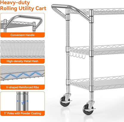 NTE 3 Tier Heavy Duty Rolling Utility Cart on Wheels, 990Lbs Capacity Rolling Wire Cart, Kitchen Carts on Wheels, NSF Commercial Metal Serving Cart with Handle and Shelf Liners for Kitchen, Restaurant