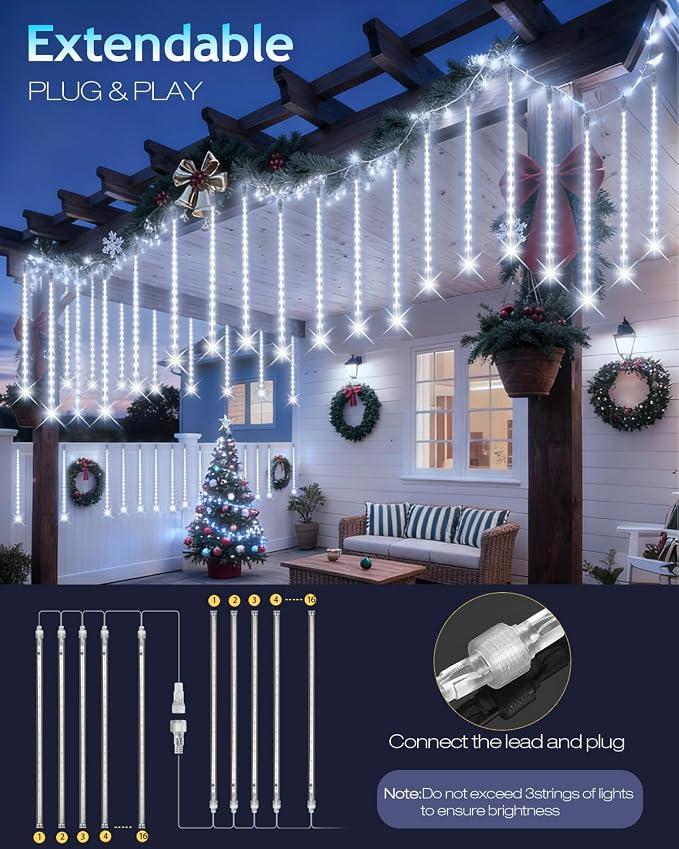 PEMOTech Christmas Lights Outdoor,16 Tubes 576 LED 16 Inch,Meteor Shower Lights Outdoor,Waterproof Icicle Lights,Luces Navideñas para Exteriores,White,50 ft for Christmas Tree,Party,Garden Decor