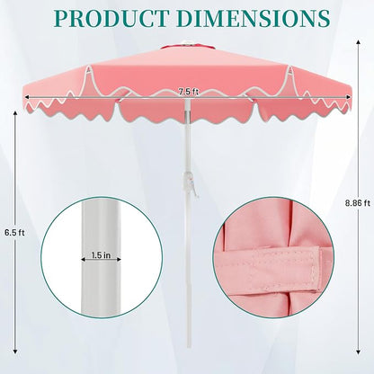 AreShark 7.5FT Outdoor Patio Umbrella with Wavy Trim (Peach Pink) | Market Table Umbrellas w/ 6 Sturdy Ribs, Crank & Tilt, White Pole, Pool Umbrella with UV-Fade Resistant Fabric, Heavy Frame