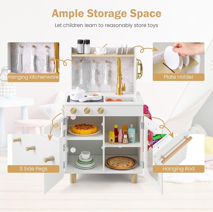 INFANS Kids Kitchen Playset, Toddler Wooden Pretend Cooking Set with Telephone Stove Microwave Storage Cabinet, Play Kitchen Toy Set with Toy Food Cookware Accessories for Children Boys Girls
