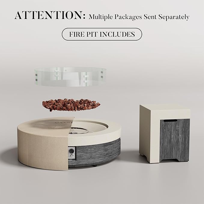COSIEST 42" Outdoor Propane Fire Pit Table w Tank Cover & Wind Guard, Round Gas Fire Pit Table with Concrete & Wood Grain Design, 50000BTU Fire Tables for Patio, Backyard, Garden