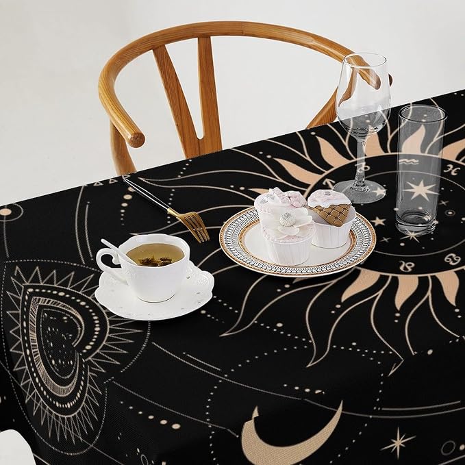 Vintage Tarot Moon Tablecloth Boho Mystical Crescent Cosmic Zodiac Star Galaxy Space Table Cloth Water Resistant Wipeable Table Cover for Picnic Party Holiday Kitchen Dinner Table 60"x90"