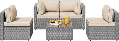 SUNLEI 5pcs Patio Outdoor Furniture Sets Conversation Set,Low Back All-Weather Rattan Sectional Sofa with Tea Table&Washable Couch Cushions(Silver Rattan)（Khaki）