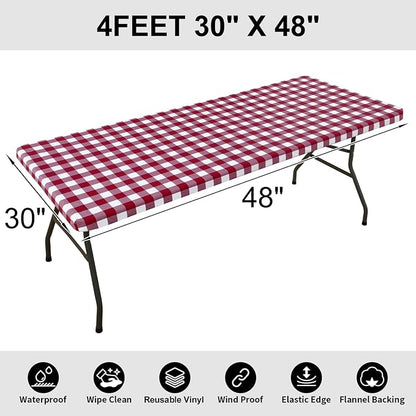 Smiry Rectangle Picnic Table Cloth, Elastic Waterproof Fitted Vinyl Tablecloths, Flannel Backed Buffalo Plaid Table Covers for Dining, Camping, Outdoor (Burgundy and White, 30" x 48")