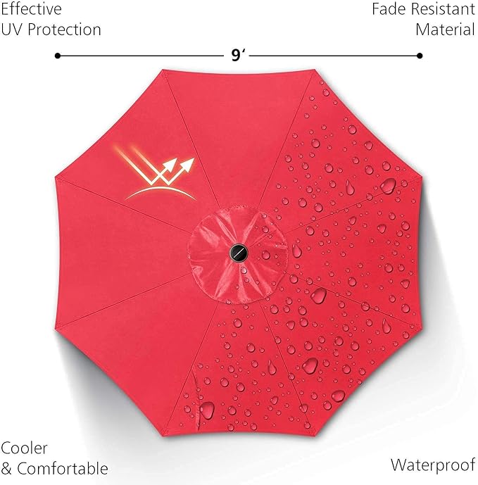 9ft Patio Umbrella with Solar Lights, Outdoor Umbrella with 24 LED Solar Umbrella Lights, Push Button Tilt & Crank Ideal for Garden, Deck, Backyard & Pool, Red