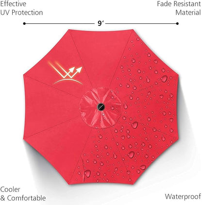 9ft Patio Umbrella with Solar Lights, Outdoor Umbrella with 24 LED Solar Umbrella Lights, Push Button Tilt & Crank Ideal for Garden, Deck, Backyard & Pool, Red