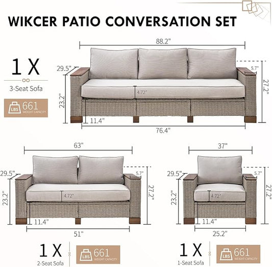 PaPaJet 6-Piece Wicker Patio Furniture Set with Solid Wood Armrest, Outdoor Patio Set with Thick Legs, UV-Resistant Modular Outdoor Sectional Sofa for Backyard, Porch, Garden