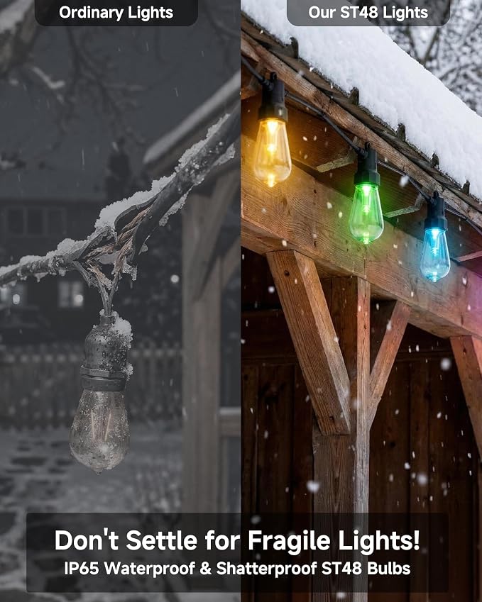 100FT Smart Outdoor String Lights, 2-Pack Color Changing ST48 Multi-Color LED Patio Lights with LotusLamp X APP, IP65 Waterproof Shatterproof Hanging Decor Lights for Large Backyard Garden
