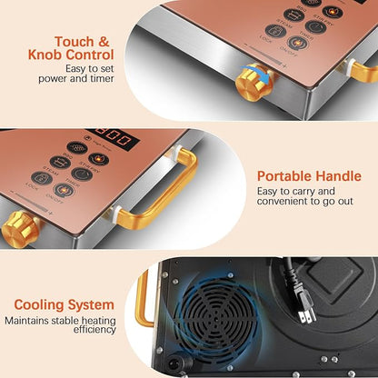 Single Burner Electric Cooktop, Protable Electric Stove with Handle, 1800W One Burner Ceramic Stove top for Dorm, Home, RV, Child Lock, Timer, Steam, BBQ, Stir Fry,110V - 120V Plug in, Orange