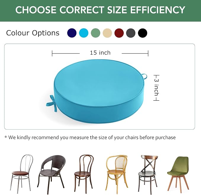 Summsun Outdoor Bistro Chair Cushions Set of 4, 15" D x 3" H Round Chair Cushions Waterproof and Fade Resistant Chair Cushion Pads with Non-Slip Ties and Removable Covers for Garden, Teal