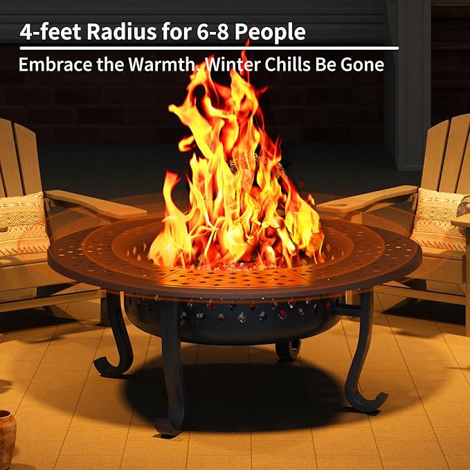 43 Inch Fire Pit with 2 Grill, Outdoor Wood Burning Firepit with Lid, Metal Round Table for Backyard Patio Garden Picnic Camping Bonfire
