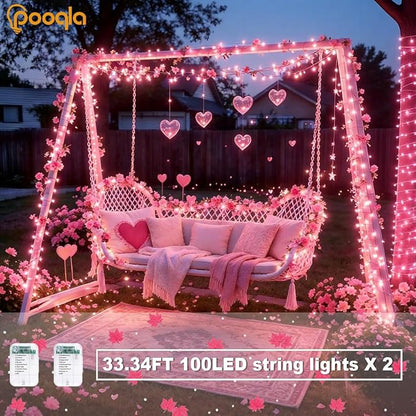 Pooqla 2 Pack String Lights Battery Operated, Total 66.6ft 200 LED Fairy Lights Indoor Outdoor Decorations, 8 Modes Pink Battery Lights for Wedding Valentine's Day Bedroom Porch Party Yard Decor