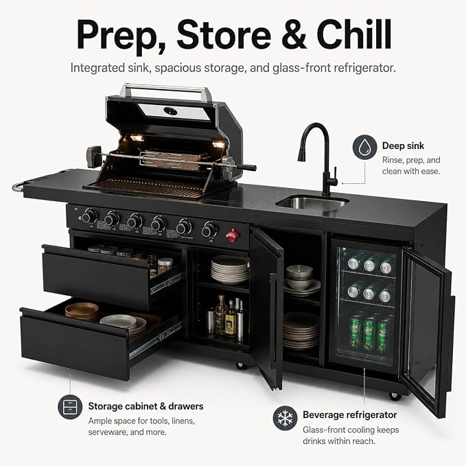 84 Inch Outdoor Kitchen Island Grill, 6 Burner 75300 BTU Propane BBQ Island with Sink, Beverage Refrigerator, Rotisserie Kit, Griddle, SS304 Stainless Steel, Granite Top, Black