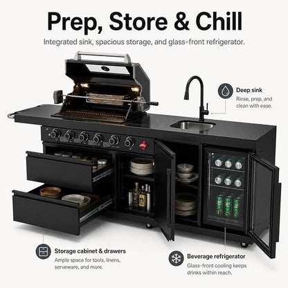 84 Inch Outdoor Kitchen Island Grill, 6 Burner 75300 BTU Propane BBQ Island with Sink, Beverage Refrigerator, Rotisserie Kit, Griddle, SS304 Stainless Steel, Granite Top, Black