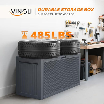 VINGLI 90 Gallon Outdoor Storage Box, Lockable Plastic Storage Containers with Lid, Patio Deck Box Furniture for Garden, Pool, Balcony, Yard (Gray)