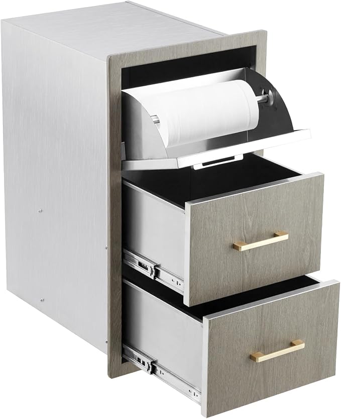PeakPursuit Stainless Steel Outdoor Kitchen Drawers - Heavy Duty Weather-Resistant with Built-in Paper Towel Holder, Flush Mount for BBQ Island & Grill Station, 17" W x 30" H x 21" D
