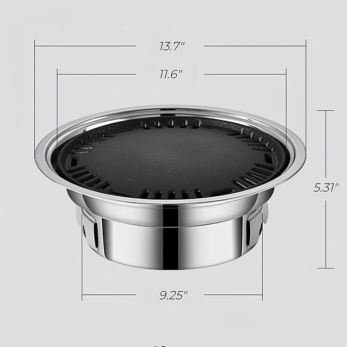 13.7 inch BBQ Charcoal Grill, Stainless Steel Round Korean Barbecue Grill, Portable Indoor Charcoal Grill with Grill Pan & Grill Net, Smokeless, Non-stick, for Indoor Grilling Outdoor Cooking Party
