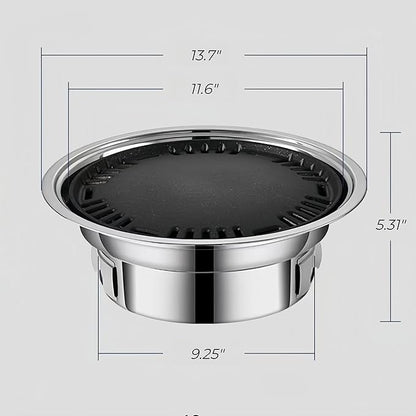 13.7 inch BBQ Charcoal Grill, Stainless Steel Round Korean Barbecue Grill, Portable Indoor Charcoal Grill with Grill Pan & Grill Net, Smokeless, Non-stick, for Indoor Grilling Outdoor Cooking Party