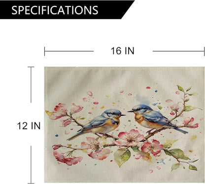Watercolor Painting Birds Table Mats Set of 4 Spring Pink Flowers Placemats Waterproof Heat Resistant Washable Non-Slip Place Mats for Dinner Room Kitchen Decor Table 12”×16”(Pink)