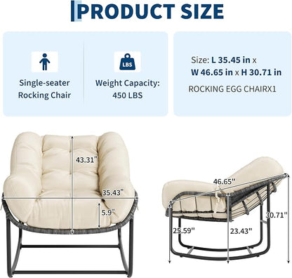 Patio Rocking Chair Set,Indoor Outdoor Rocking Chair,Papasan Chairs with Cushion,Wicker Egg Rockers, Lounge Chair for Patio, Living Room, Bedroom, or Porch,Beige