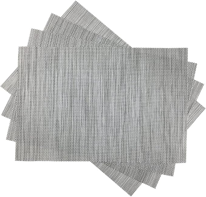 WAZAIGUR Placemats,Easy to Clean Crisscross Woven Vinyl Place Mats Durable Non-Slip Heat Resistant Table Mats,Placemats for Kitchen Table Set of 4,Silver and Black