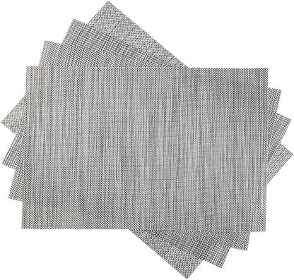 WAZAIGUR Placemats,Easy to Clean Crisscross Woven Vinyl Place Mats Durable Non-Slip Heat Resistant Table Mats,Placemats for Kitchen Table Set of 4,Silver and Black