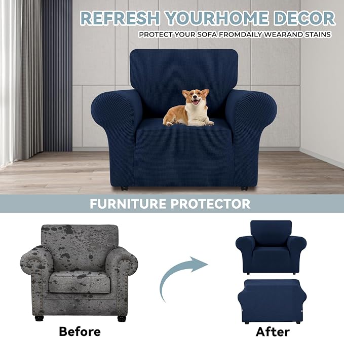 LURKA Stretch Chair Cover for Sofa, 1 Piece Armchair Slipcover, Navy | Soft Stretch Jacquard, Fits 31"-55" Armchairs, Elastic Bottom for Secure Fit, Machine Washable, Pet & Kid Friendly