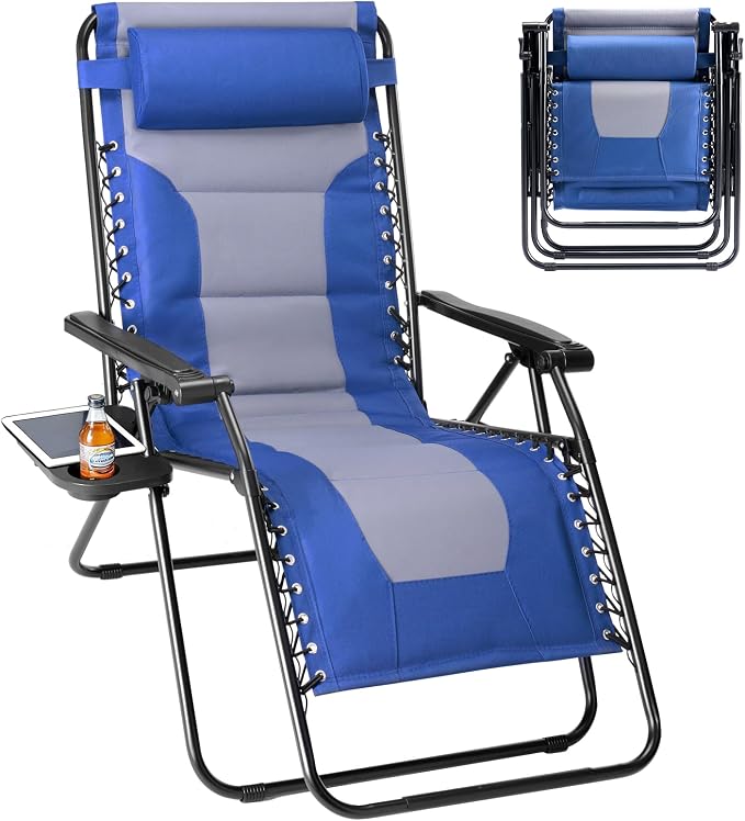 Sweetcrispy Zero Gravity Chairs, Foldable Patio Reclining Chairs with Adjustable Pillow & Cup Holder, Oversized Portable Support 400 lbs, for Backyard Camping, Blue-Gray