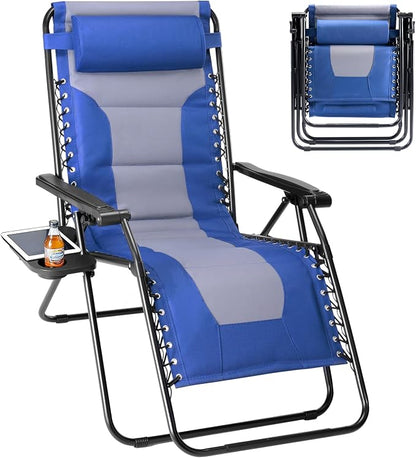 Sweetcrispy Zero Gravity Chairs, Foldable Patio Reclining Chairs with Adjustable Pillow & Cup Holder, Oversized Portable Support 400 lbs, for Backyard Camping, Blue-Gray