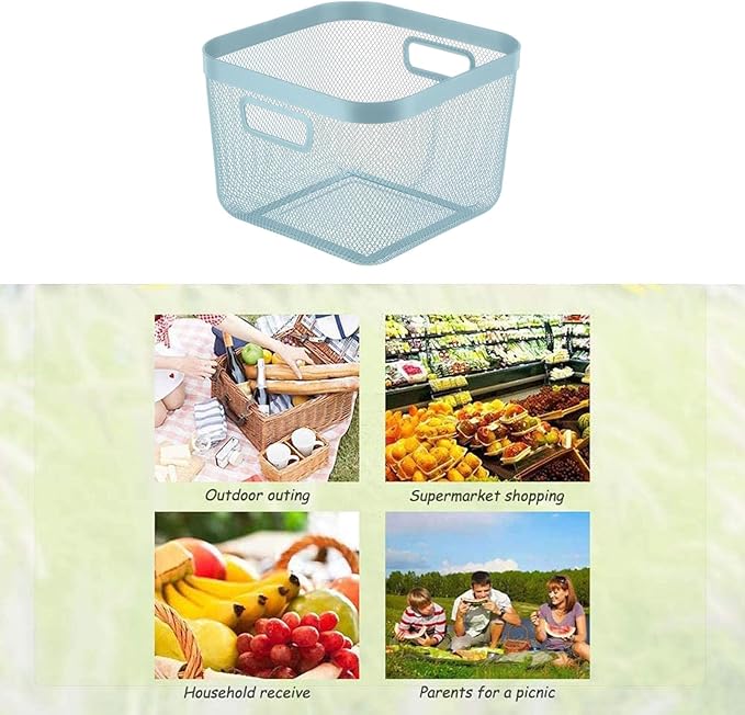AJIODA Metal Mesh Steel Baskets, Household Wire Storage Organizer Bin Garden Harvest Basket Multi-functional Fruit Baskets with Handles for Kitchen Bathroom Picnic Shopping Decor Cabinet Home, Blue