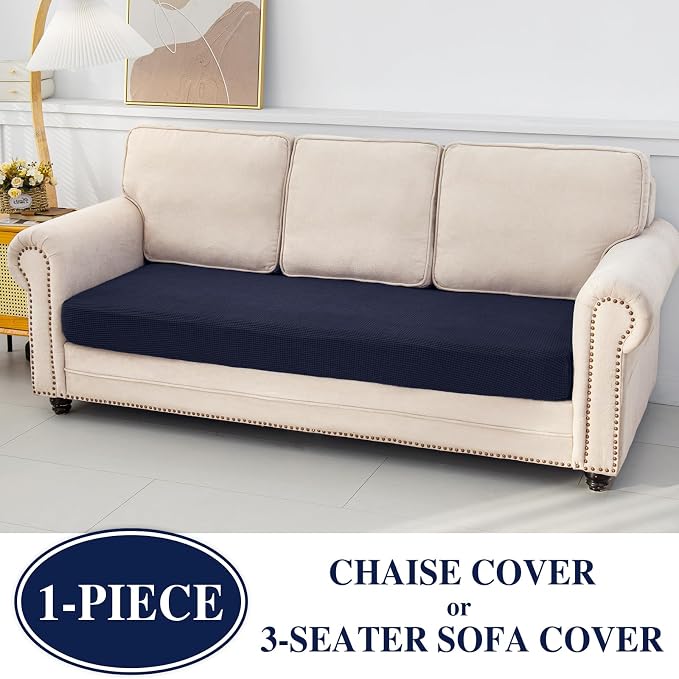 LA MEACK Couch Cushion Cover for Chaise Lounge & Sofa (Washable, Stretch, Separate Seat, 1 Piece for Chaise or Sofa 3-Seater, Navy)
