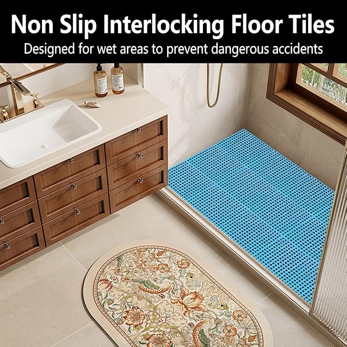30 Pack Garage Floor Tiles, 12x12 Inch Interlocking Drainage Tiles | Non-Slip Deck Tile for Bathroom, Pool Deck, Gym, Garage, Kitchen & Wet Areas, Easy Splicing Anti-Fatigue Mat (Blue)