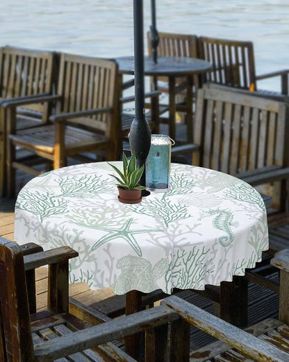 Sage Green Coastal Outdoor Tablecloth - 60 Inch Round Waterproof Dining Table Cover, Sea Turtle Nautical Coral Beach Starfish Outdoor Table Cloth with Umbrella Hole & Zipper for Picnic