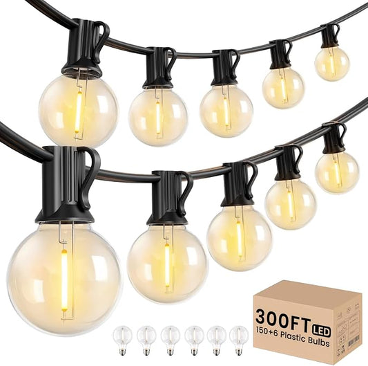 LACHON Outdoor String Lights 300 FT, Patio Lights Outside with 156 G40 Shatterproof LED Bulbs, Waterproof Hanging Globe Lighting for Bistro Backyard Cafe Market, Warm White 2700K（3 x 100 FT）