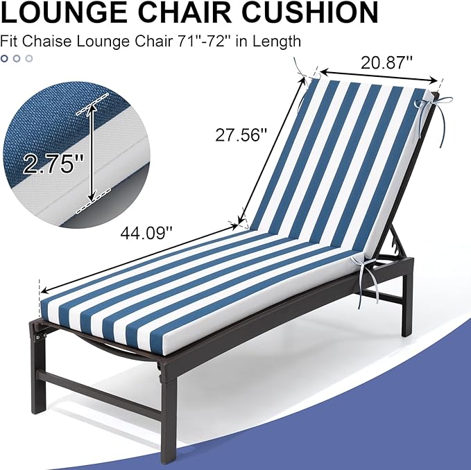 Crestlive Products Waterproof Outdoor Chaise Lounge Cushions Set of 2, Fade Resistant Patio Furniture Lounge Chair Cushion, 72" L x 21" W