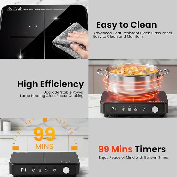 olayks Induction Cooktop, Portable Induction Cooktop with Removable Cast Iron Pot and Pan, 1500W Hot Plate Single Burner with 8 Power Levels, Adjustable Temp Control, 99 Min Timer