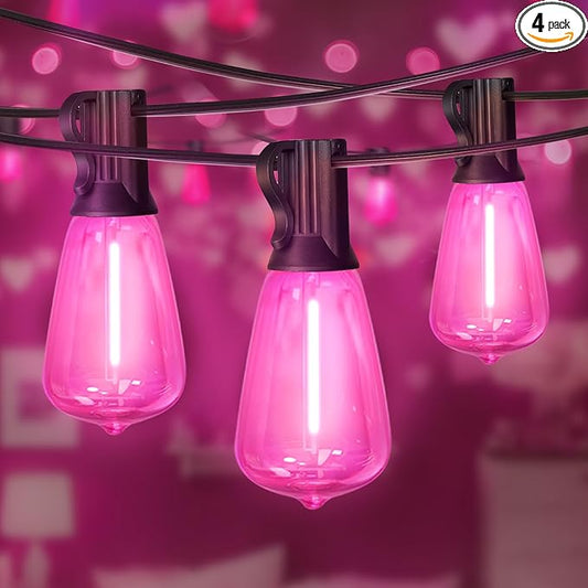LAMPHOME 4-Pack 26Ft ST38 Outdoor String Lights, Pink LED Shatterproof Patio Lights with 12+1 Edison Bulbs for Valentine's Day, Christmas, Bistro, Wedding & Party Decor