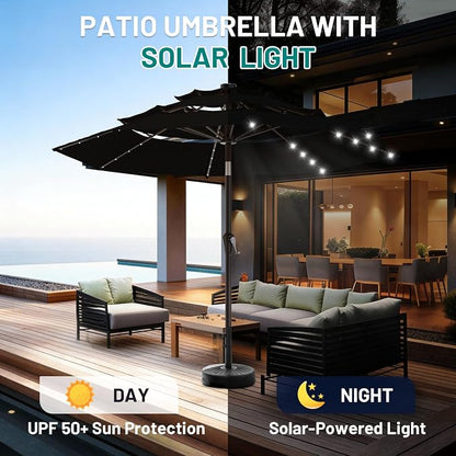 AreShark 9ft 3 Tiers Patio Umbrella with Solar Lights, Outdoor Umbrella w/ 32 LED Lights&8 Sturdy Ribs, Table Umbrella for Deck, Backyard, Pool (Black)