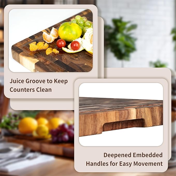 Utoplike Large Acacia Cutting Board 22 x 16 inch, End Grain Largest Wooden Butcher Block for Turkey, Meat, Vegetables, BBQ, Chopping Board with Handle and Single-side Juice Groove, 1.38"Th