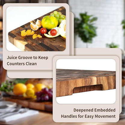Utoplike Large Acacia Cutting Board 22 x 16 inch, End Grain Largest Wooden Butcher Block for Turkey, Meat, Vegetables, BBQ, Chopping Board with Handle and Single-side Juice Groove, 1.38"Th