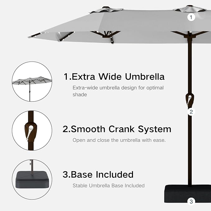 Kingdura 13ft Large Patio Umbrella with Solar Lights, Double-Sided Rectangle Outdoor Table Umbrella with Base Included, 12 Reinforced Ribs, 48 Led Lights, Crank Lift for Market Pool Deck, Light grey