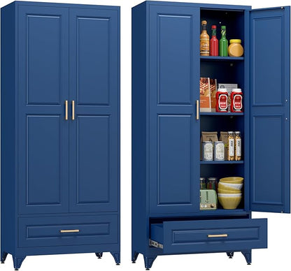Polup Metal Storage Cabinet,75" Tall Kitchen Pantry Storage Cabinet with Doors and Adjustable Shelves, Blue Metal Pantry Cabinets with Drawer, Large Cupboard for Kitchen, Dining Living Room