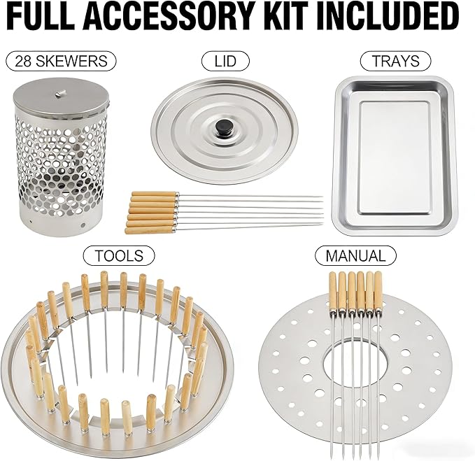 Portable Smokeless Charcoal Grill Barrel, 28-Skewer Vertical Barbecue Grill for Outdoor & Indoor, Stainless Steel 360° Rotating Kebab BBQ Grill, Large Capacity Camping Grill for 6-10 People, 15.4x16.9