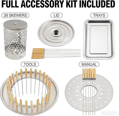 Portable Smokeless Charcoal Grill Barrel, 28-Skewer Vertical Barbecue Grill for Outdoor & Indoor, Stainless Steel 360° Rotating Kebab BBQ Grill, Large Capacity Camping Grill for 6-10 People, 15.4x16.9